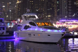 56 ft Majesty night yacht cruising in Dubai Marina