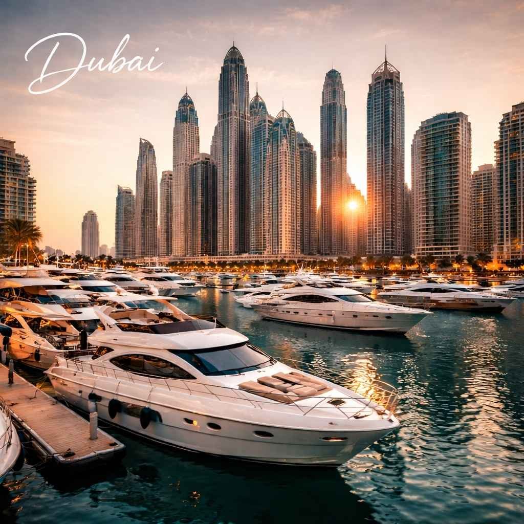 Luxury yacht charter in Dubai Marina at sunset