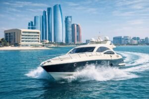 Luxury yacht cruising at high speed in Abu Dhabi waters near city skyline