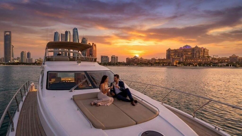 Luxury private yacht cruising during sunset in Abu Dhabi skyline background