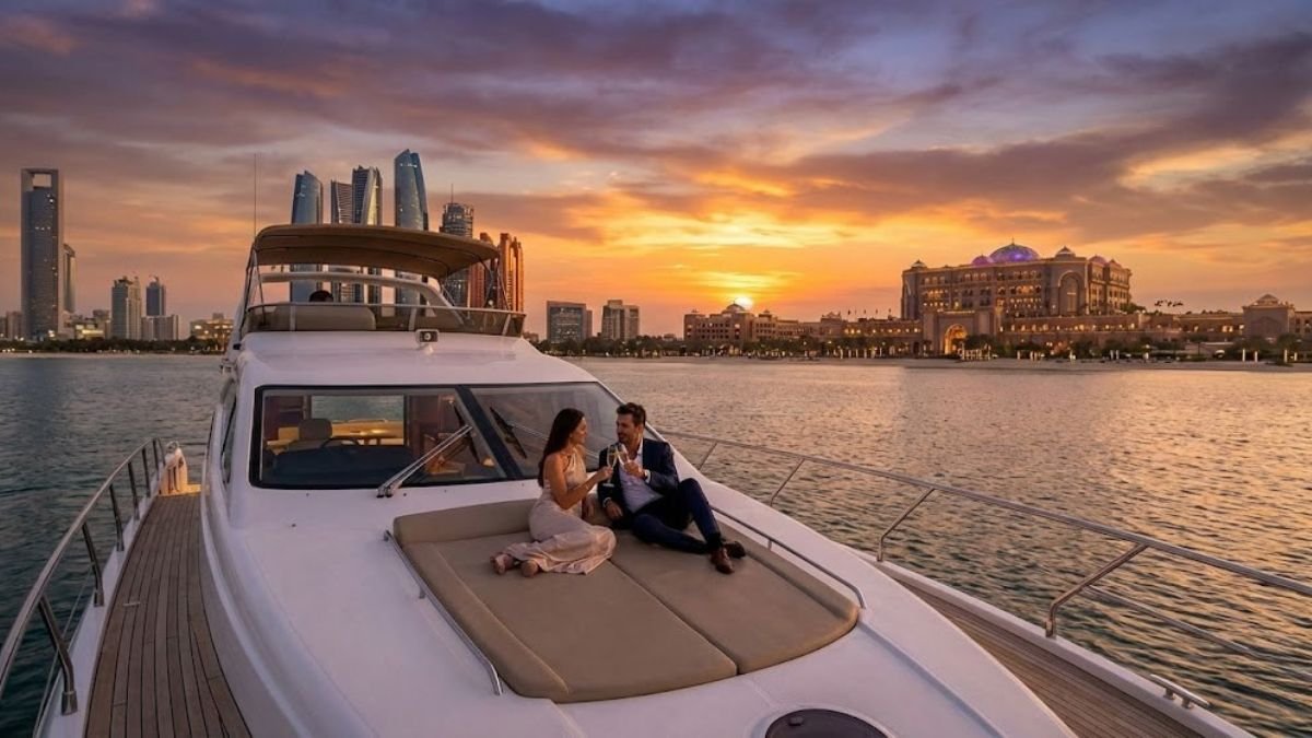 Luxury private yacht cruising during sunset in Abu Dhabi skyline background