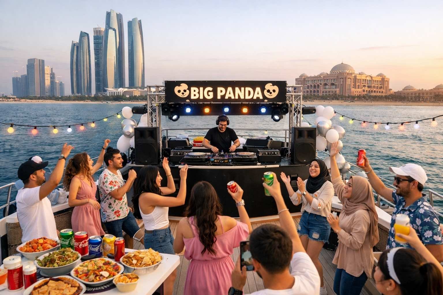 Guests enjoying a private yacht party cruise in Abu Dhabi with skyline views