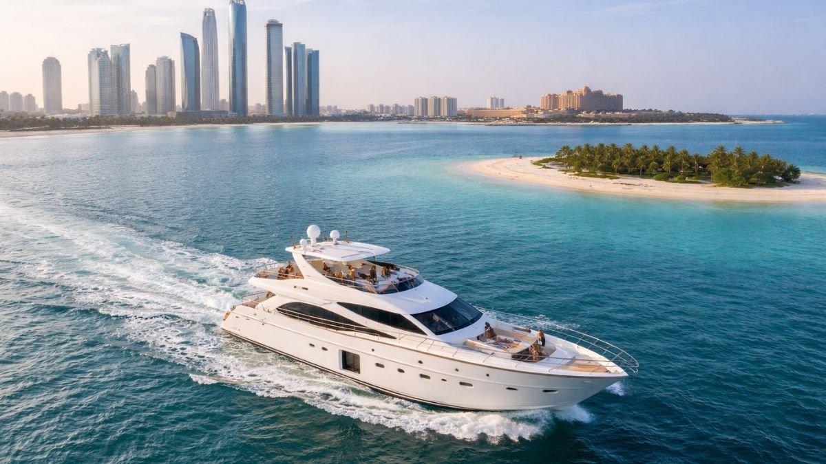 Luxury yacht cruising route in Abu Dhabi with skyline and island views