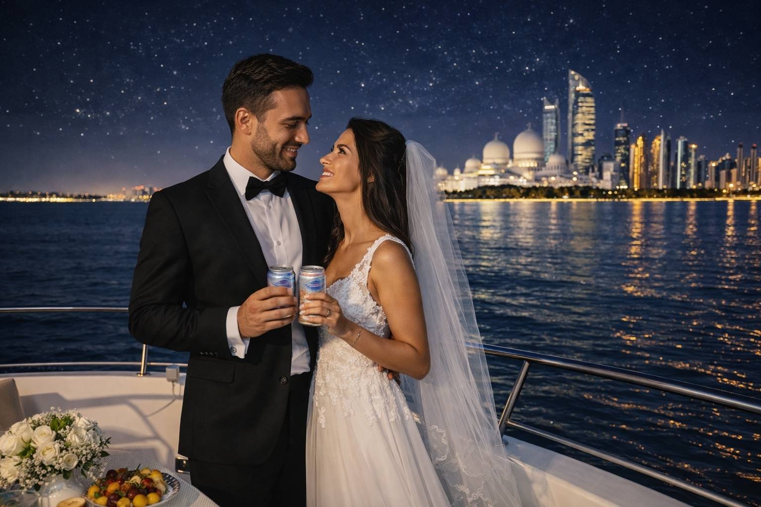 Bride and groom on a luxury wedding yacht in Abu Dhabi marina