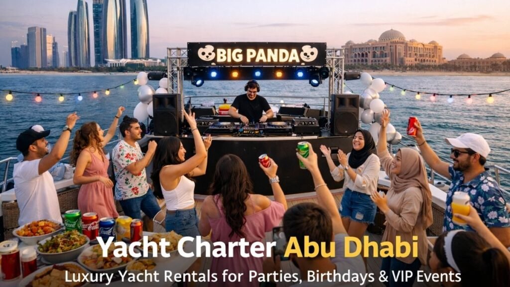 Luxury yacht charter in Abu Dhabi with DJ and guests enjoying a private party onboard a premium yacht, organized by Big Panda Yachts.