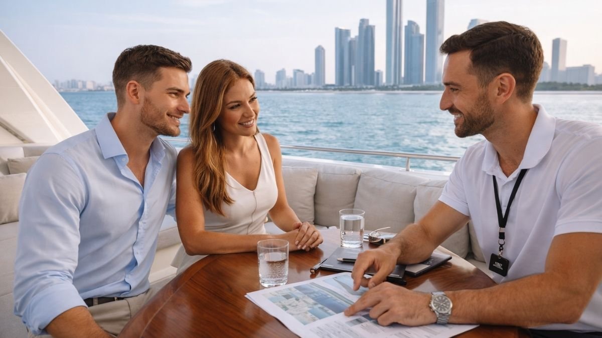 Luxury yacht charter consultation in Abu Dhabi with clients planning a private yacht experience