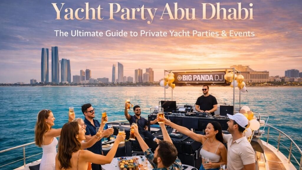 Luxury yacht party in Abu Dhabi with DJ, guests enjoying a private celebration onboard a premium yacht, organized by Big Panda Yachts.