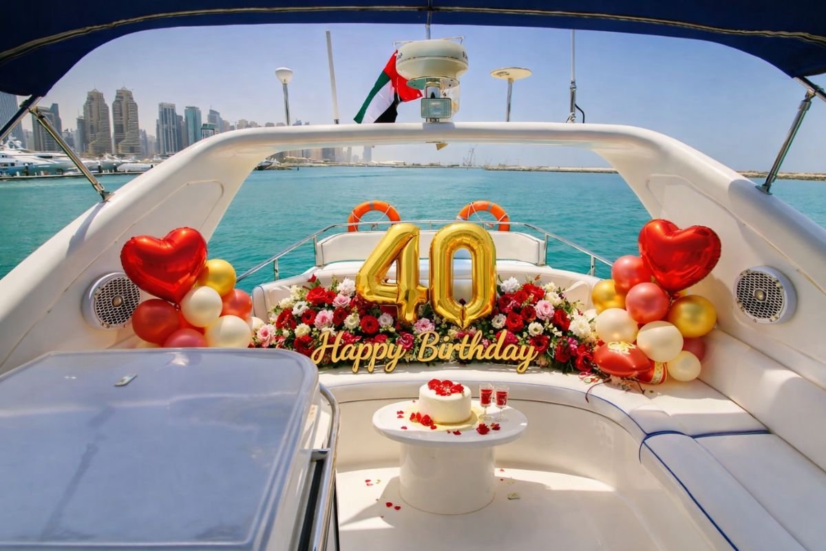 Sunset birthday moment on a yacht in Abu Dhabi with golden hour view