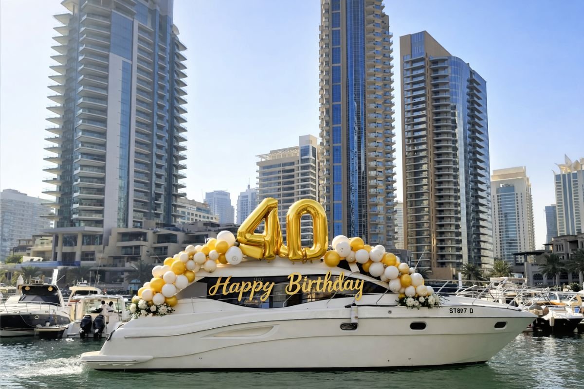 Friends party on a luxury yacht in Abu Dhabi with soft drinks and city view