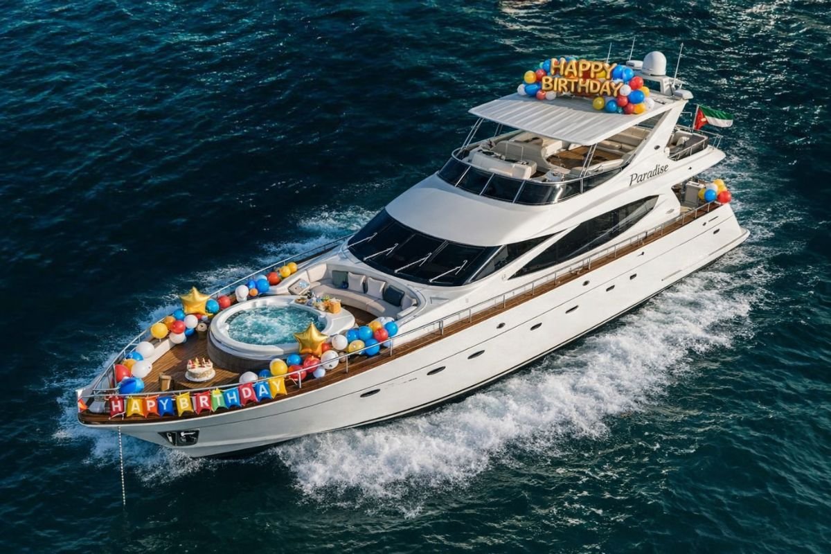 Birthday yacht setup in Dubai with balloons and party table