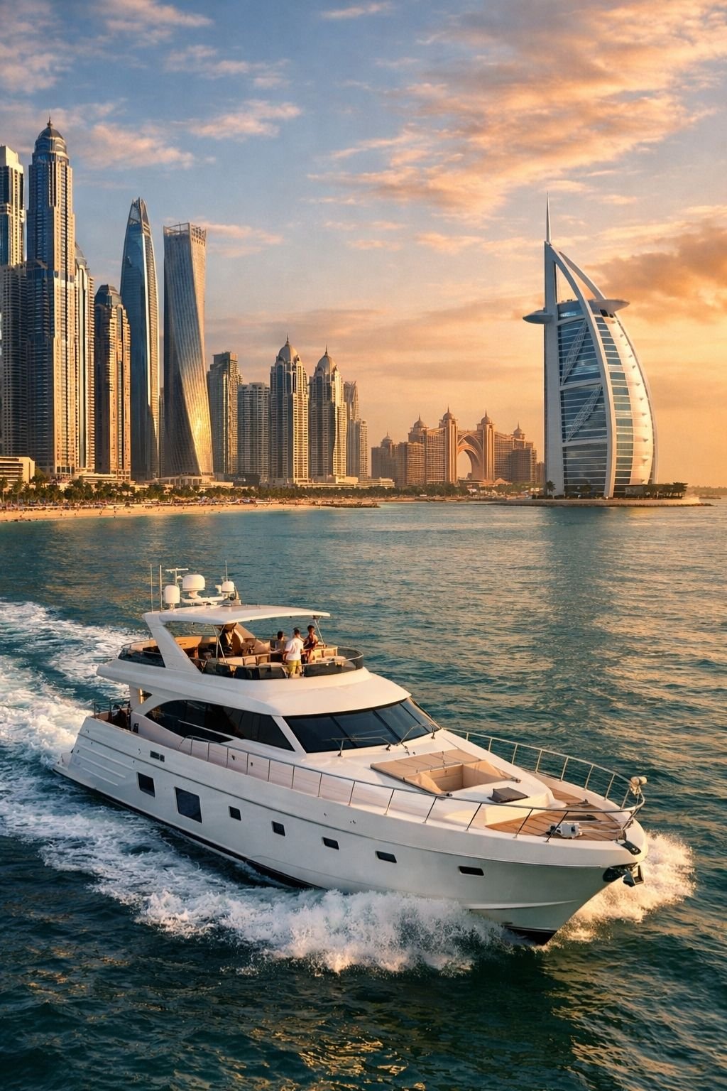 Luxury yacht rental Dubai private charter with Marina skyline view