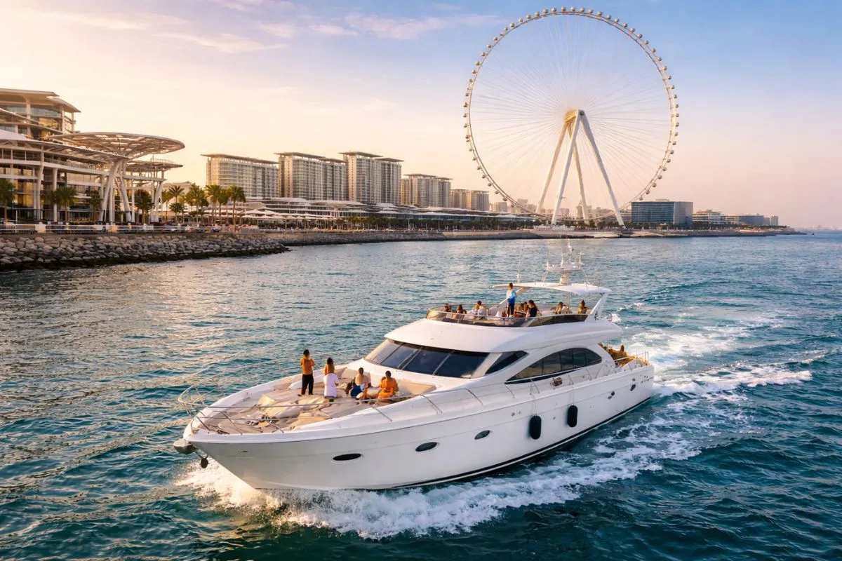 Luxury yacht near Bluewaters with Ain Dubai waterfront view