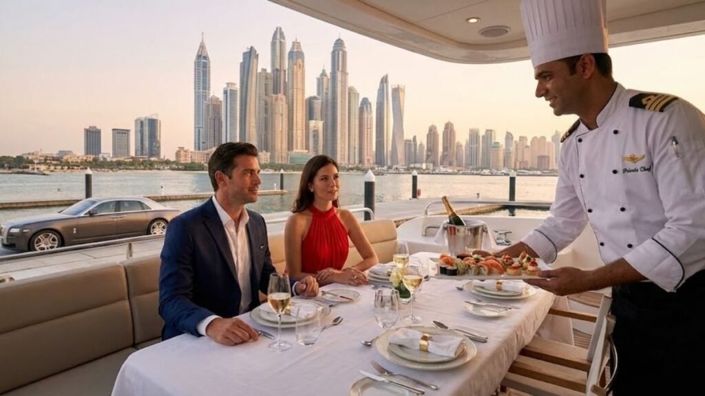 Exclusive VIP yacht concierge dining experience in Dubai Marina, featuring a personal chef serving gourmet sushi to a couple on deck at sunset, with a luxury Rolls-Royce transfer car visible on the pier.
