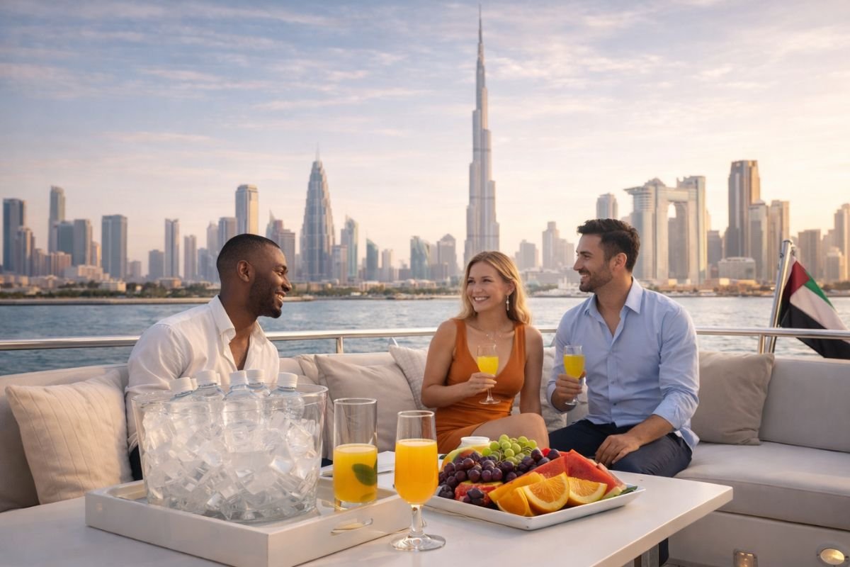 Luxury yacht exterior in Dubai Marina during golden hour