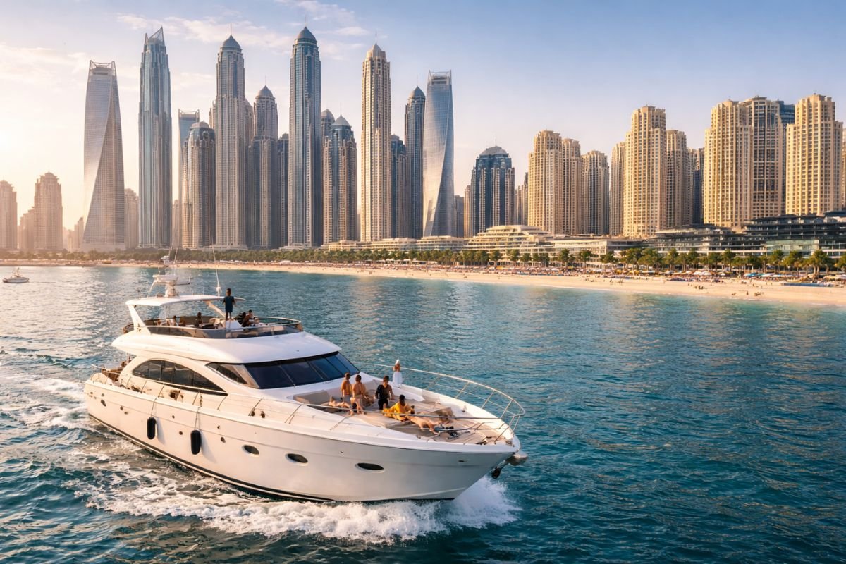 Dubai Marina luxury yacht route with skyline and JBR coastline views