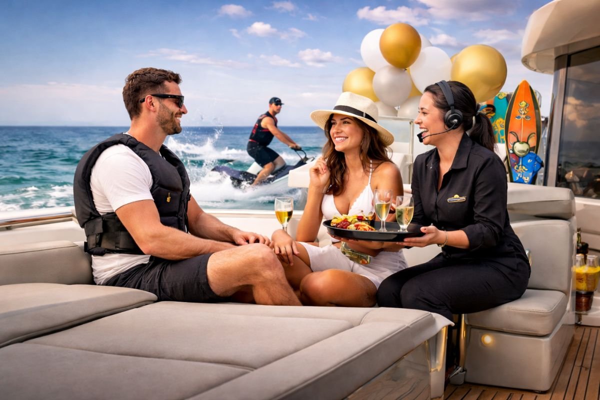 Onboard services on a private yacht charter in Dubai including water sports and celebration setup