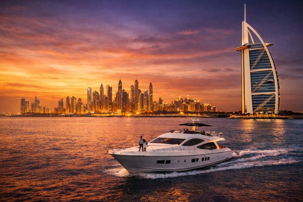 Private yacht charter Dubai cruising near Burj Al Arab during sunset with skyline and luxury marina route