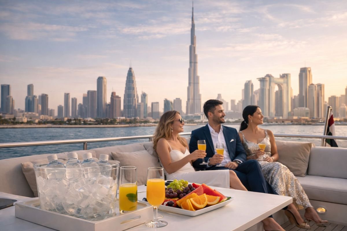 Open-air luxury yacht deck in Dubai with skyline at sunset