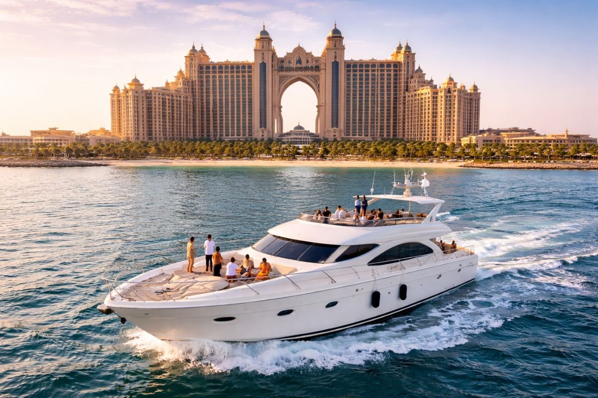 Luxury yacht cruising near Palm Jumeirah with Atlantis view in Dubai