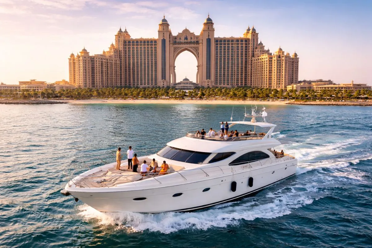 Luxury yacht cruising near Palm Jumeirah with Atlantis view in Dubai