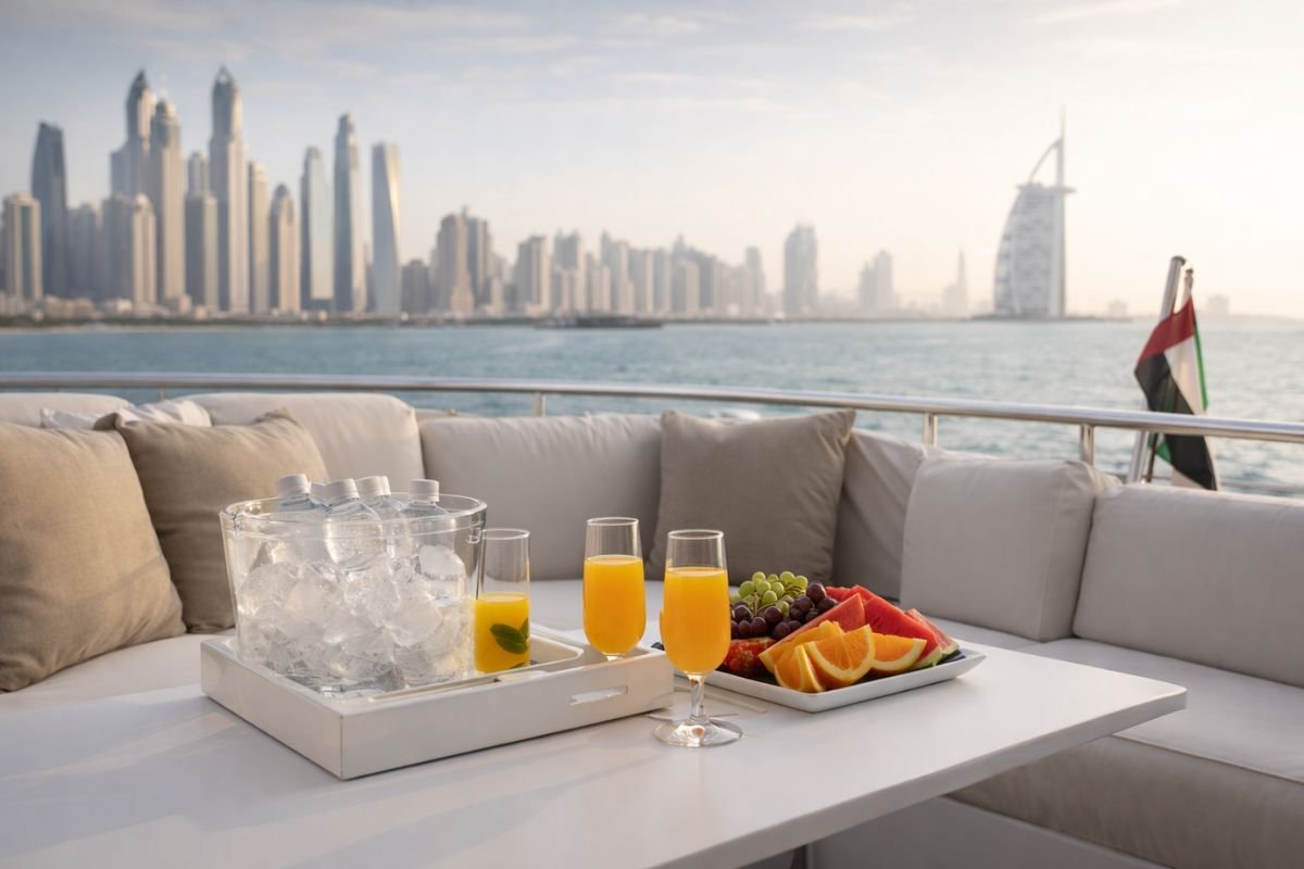 VIP private yacht atmosphere in Dubai Marina with skyline views