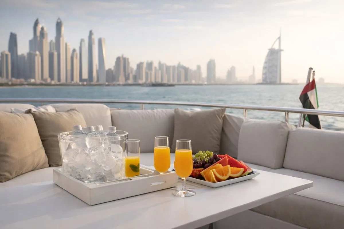 VIP private yacht atmosphere in Dubai Marina with skyline views