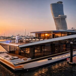 Exterior sunset view of the Luxury Houseboat Miss Kim at the marina