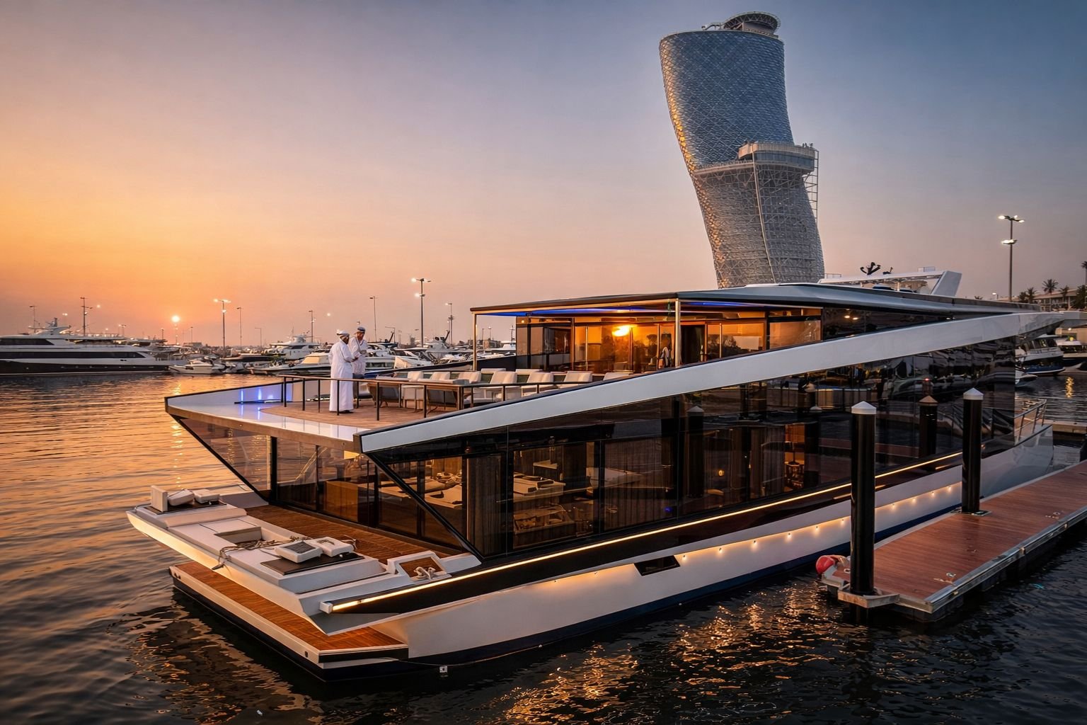 Miss Kim Luxury House Boat in Abu Dhabi Exterior sunset view of the Luxury Houseboat Miss Kim at the marina