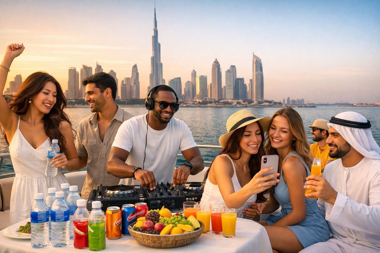 Guests enjoying a private yacht party in Dubai with luxury yacht views and city skyline