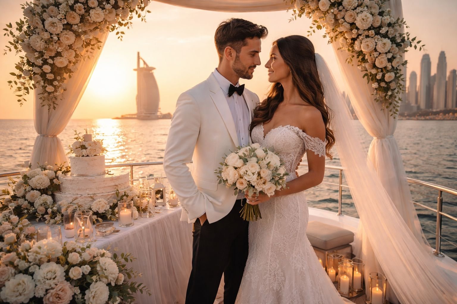 Couple celebrating wedding on a luxury yacht in Dubai