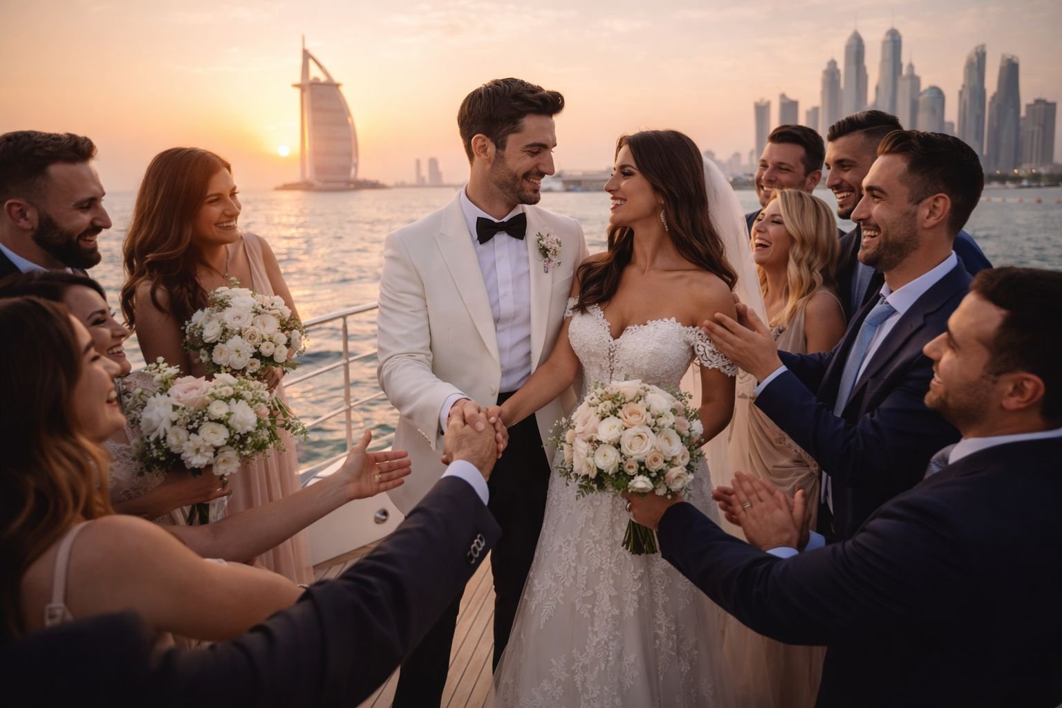 Luxury wedding yacht in Dubai Marina with skyline view