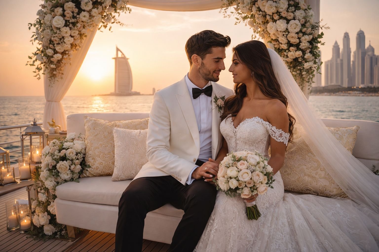 Romantic yacht wedding near Atlantis Dubai during sunset