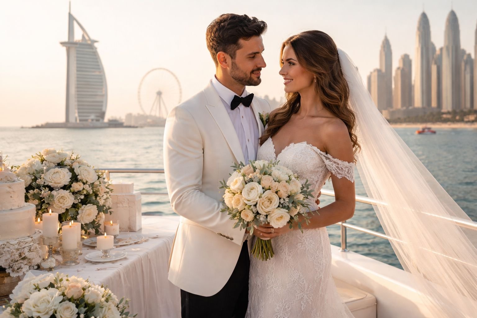 Private yacht wedding setup in Dubai with elegant decor