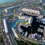 Aerial view of Yas Marina Circuit in Abu Dhabi and the surrounding marina with the yacht access route highlighted