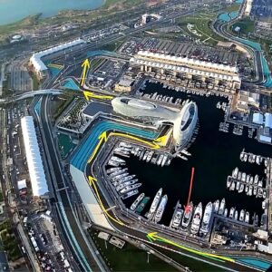 Aerial view of Yas Marina Circuit in Abu Dhabi and the surrounding marina with the yacht access route highlighted