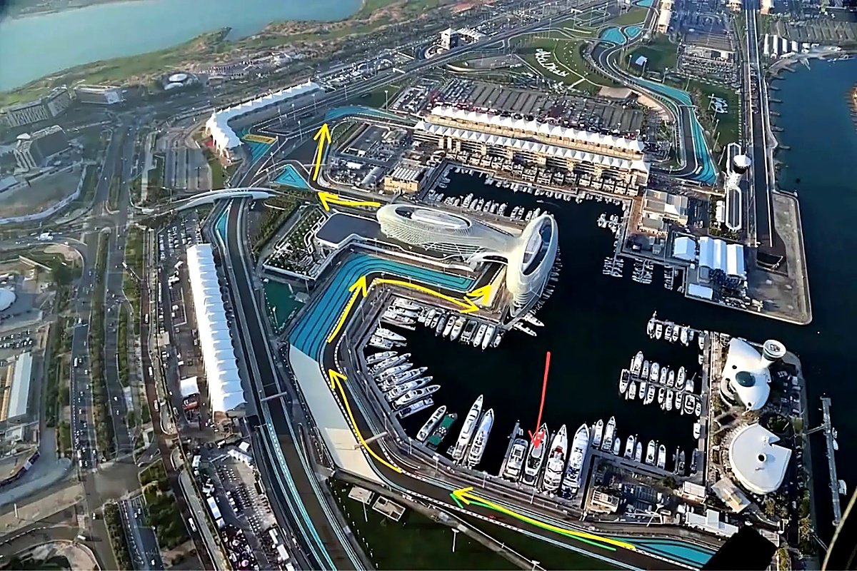 04_aerial_map Aerial view of Yas Marina Circuit in Abu Dhabi and the surrounding marina with the yacht access route highlighted