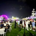 Nighttime yacht hospitality atmosphere in Abu Dhabi during the Formula 1 race with views of Yas Marina