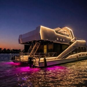 Celestia yacht lit up at night with LED outline and underwater lights, Abu Dhabi